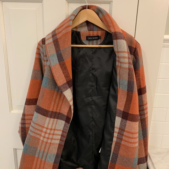 ChicWish PLAID PATTERN RABATO COAT IN CORAL - Picture 4 of 8